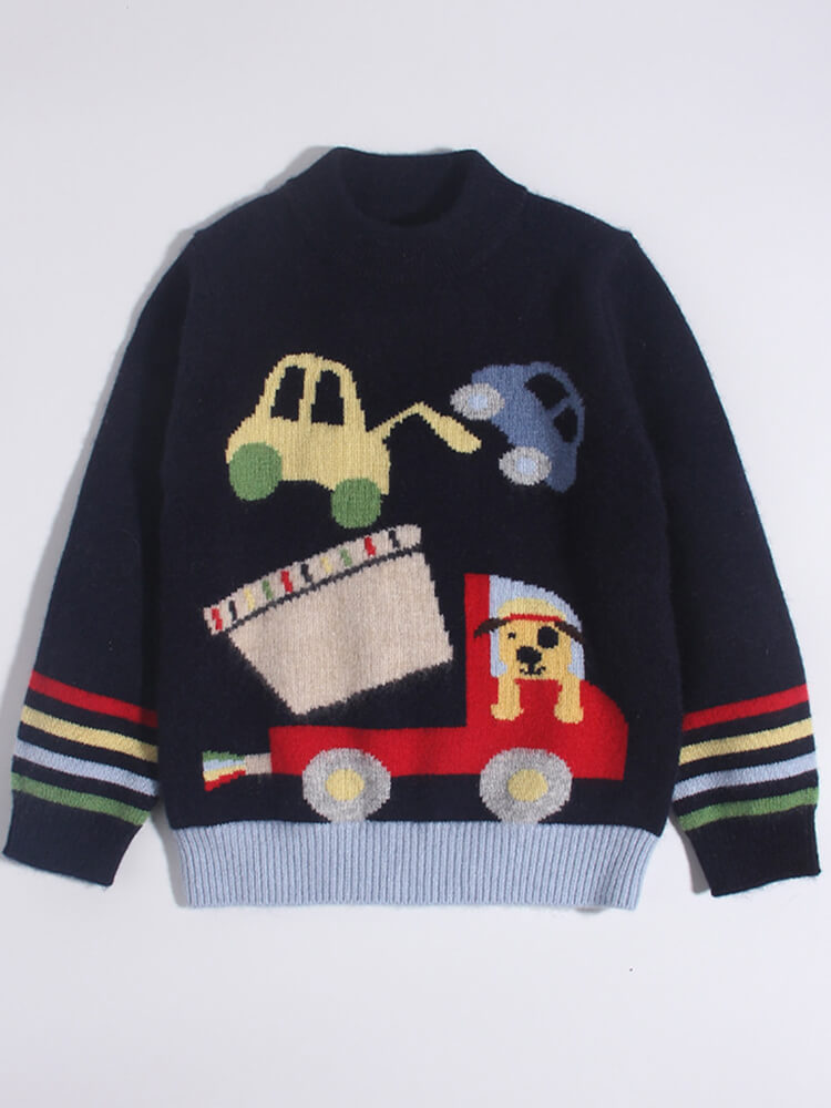Kids Fun Vehicle Knit Pullover Cashmere Crew Neck Sweater